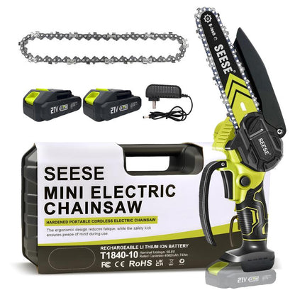 SEESE Brushless Mini Chainsaw - Portable cordless electric saw suitable for wood cutting, trimming, gardening, and camping.