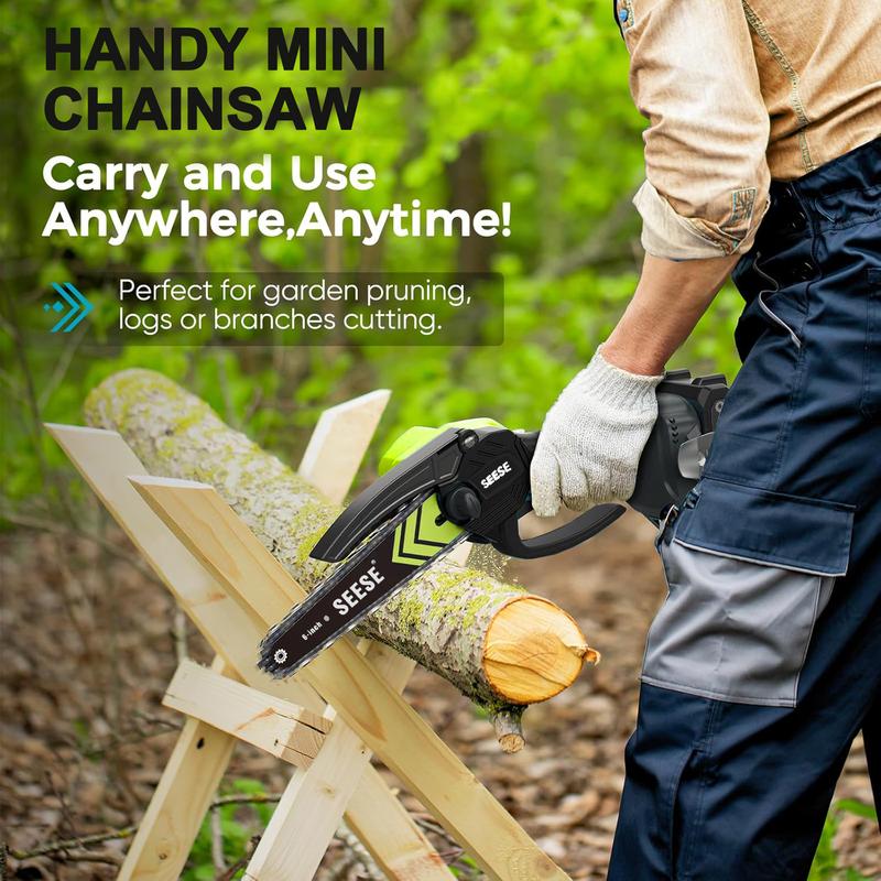 SEESE Brushless Mini Chainsaw - Portable cordless electric saw suitable for wood cutting, trimming, gardening, and camping.