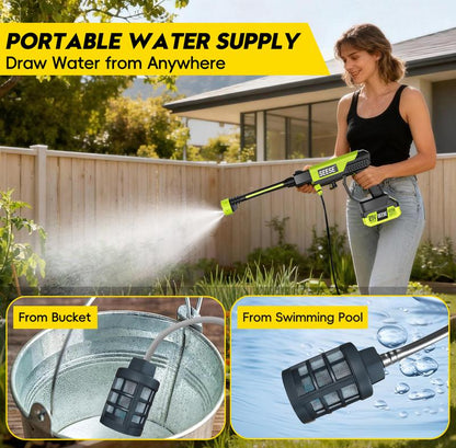 SEESE Cordless Pressure Washer with Single-Port Charging Base, suitable for car, home cleaning, and garden watering.